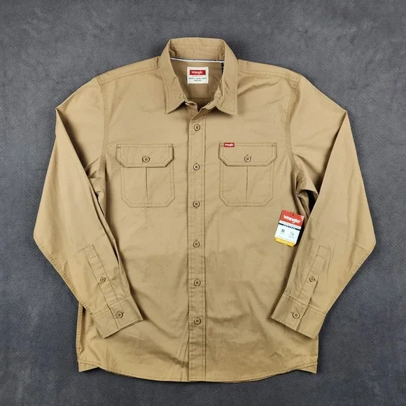 Wrangler Shirt Mens Medium Khaki Long Sleeve Relaxed Fit Woven Button Up Work - Picture 1 of 10